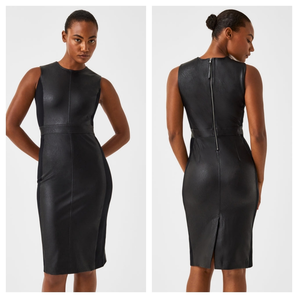 SPANX Leather-Like Combo Sheath Dress In Luxe Black Large